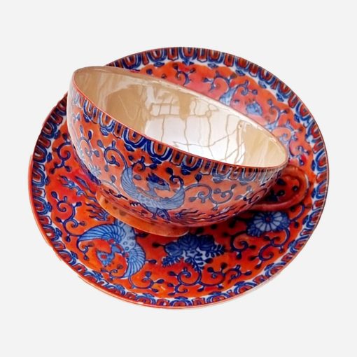 Dúo de Té Japonés Ave Fénix Tornasol Pintado a Mano años '40 - Imagen 2