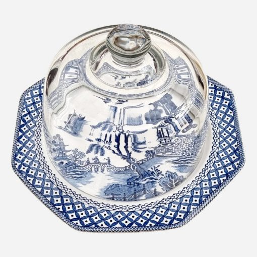 Quesera Cúpula de Vidrio Plato Inglés J & G Meakin Willow Ironstone