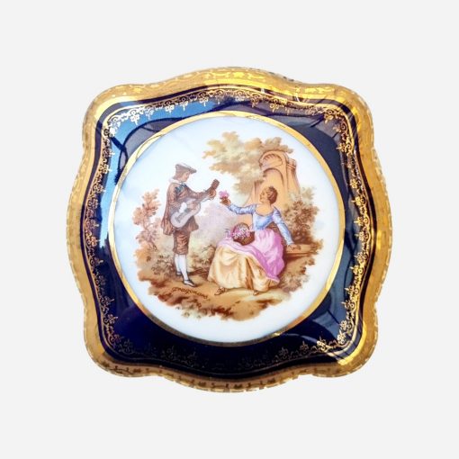 Caja Joyero Francesa Limoges Blue Cobalt Fragonard Escena Galante