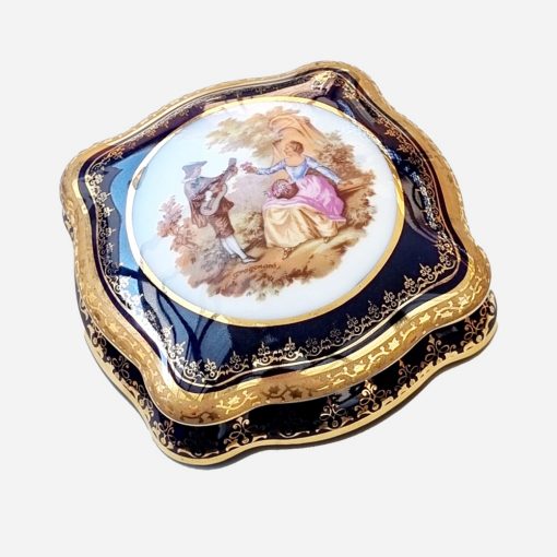 Caja Joyero Francesa Limoges Blue Cobalt Fragonard Escena Galante - Imagen 2