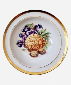 Plato de Postre Checo Diseño Frutal Borde Dorado