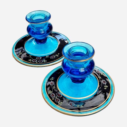 Par de Candelabros Ingleses Vidrio Pintado a Mano